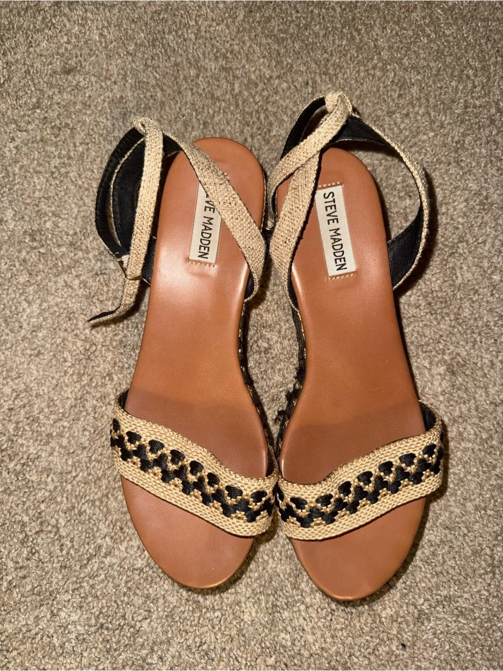 Steve Madden Tan and Black Woven Espadrille Wedge Sandals with Ankle Straps